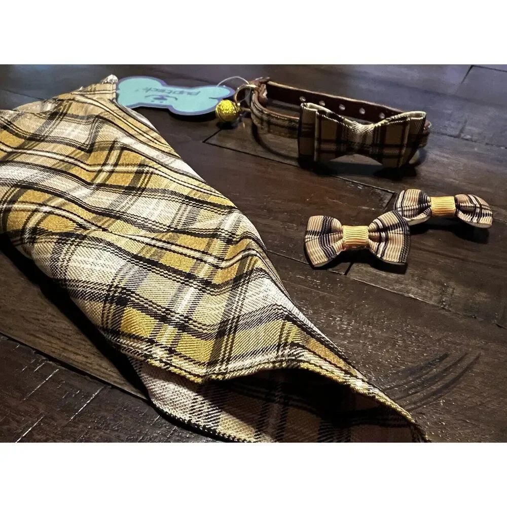 NEW Puptek Dog Collar with Bow Tie & Triangular Plaid Scarf and Two Ear Bows